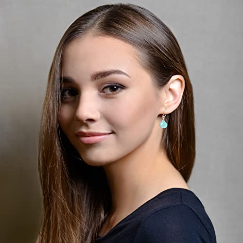 Sterling Silver Chalcedony Earrings Soft Aqua Blue Faceted Heart Teardrops Simple Dangles #TOP3