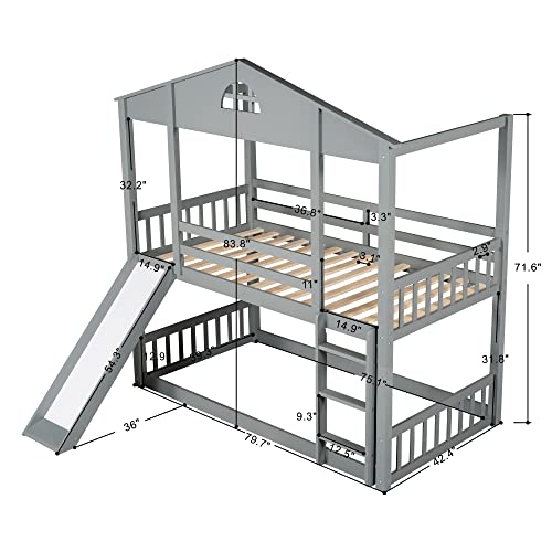 Meritline Kids Twin Bunk Beds With Slide, House Bunk Bed Twin Over Twin,Playhouse Floor Bunked Frame For Kids Girls Boys Teens,Converts Into 2 Separate Platform Beds,Grey #TOP4