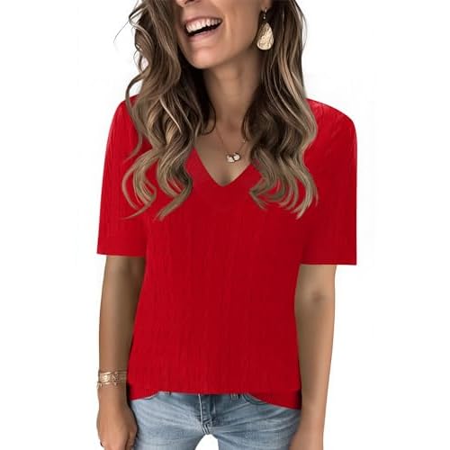 Kistore Womens Short Sleeve Sweaters V Neck Cable Knit Pullover Tops Summer Lightweight Sweater Shirts Blouses 2026 A-red XX-Large