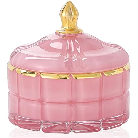 EVEREST GLOBAL 7 oz Pink Glass Jewelry Jar Cube Facets Candy Storage Sugar Bowl with Lid Kitchen Bath Gift Bathroom Buffet Storage Organizer Cover