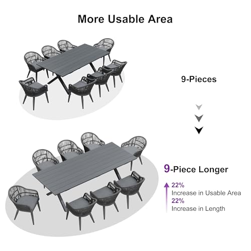 Image of PURPLE LEAF 9 Piece Longer Patio Dining Set with Outdoor Aluminium Dining Table and Woven Chairs Modern Metal Furniture Cushions Sets for Garden Yard Indoor Decor Kitchen Gray