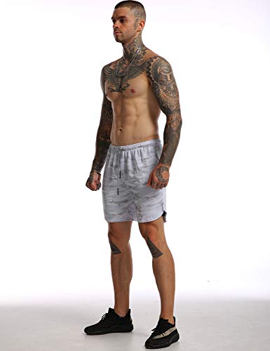 Flyfirefly Men's 2-In-1 Workout Running Shorts 7" Lightweight Gym Yoga Training Sport Short Pants White Camo #TOP4