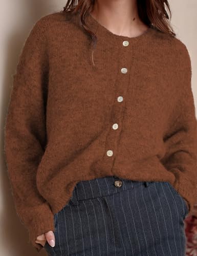 Image of Ynhonra Womens Cardigan Sweater Front Button Loose Y2k Long Sleeve Crewneck | Lightweight Knit Ribbed Hem