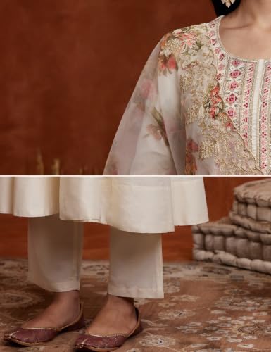 Image of Amazon Brand - Myx Women's Embroidered Anarkali Kurta Suit Set with Organza Dupatta | A-Line Fit (Available in Plus Sizes)