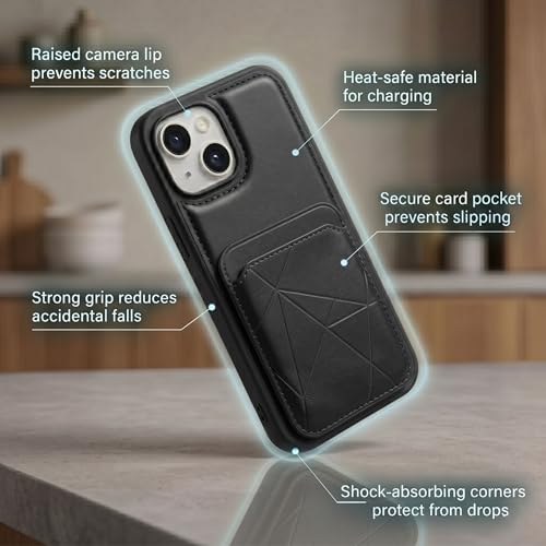 Image of amazon basics Premium Vegan Leather Back Cover with Card Holder and Integrated Mobile Stand for iPhone 15 - Slim Shockproof Wallet Case with Geometric Stitching [Black]