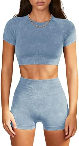 OLCHEE Womens Workout Sets 2 Piece - Seamless Acid Wash Yoga Outfits Leggings Shorts and Crop Top Matching Gym Activewear Athletic Clothing Set - Blue Medium