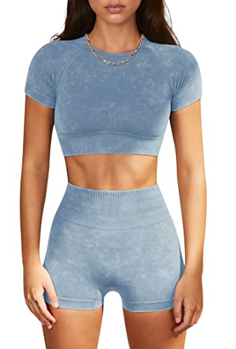 Olchee Womens Workout Sets 2 Piece - Seamless Acid Wash Yoga Outfits Leggings Shorts And Crop Top Matching Gym Activewear Athletic Clothing Set - Blue Medium #TOP11
