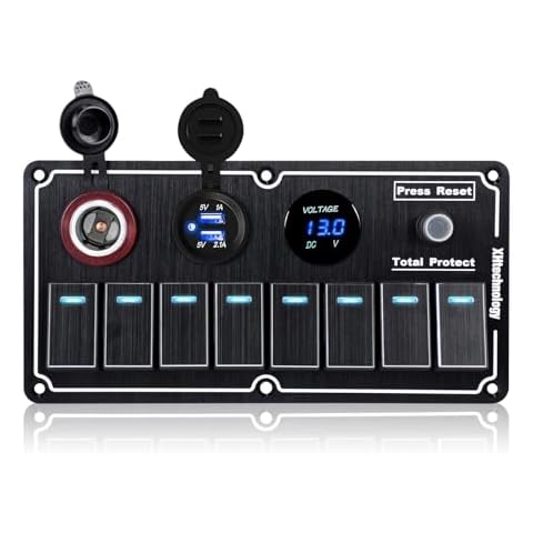 xhtechnology 8 Gang Marine Rocker Switch Panel with 5v 1/2.1Amp Dual USB Charger Digital Voltmeter Cigarette Lighter Socket Press Protector Waterproof Aluminum 12/24V Rocker Switch (Black, 8 Gang) Cover