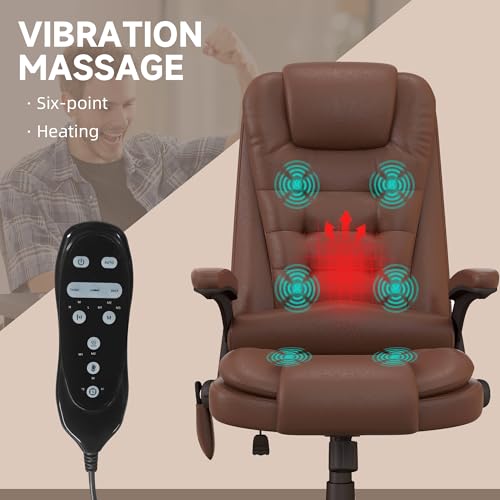 Image of HOMCOM High Back Vibration Massage Office Chair with 6 Vibration Points, Heated Reclining PU Leather Computer Chair with Armrest and Remote, Brown