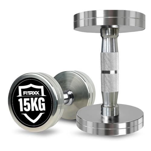 Image of Fitrxx Pair of chrome plated steel Fixed Weight Dumbbells - Gym equipment for home workout | Fitness Gym Dumbbell set for Muscles | stainless steel dumbles set | Dumbell Weights for Workout (Silver, 15 Kg Pair)
