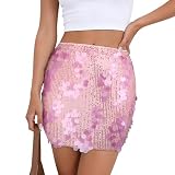 LEACOOLKEY Paillettenrock für Damen Glitzer Röcke Minirock Sexy Taille Hüftrock Elastische GlitzerSkirt für Party Pink M