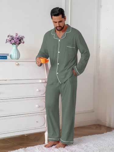 Image of QZH.DUAO Mens Pajama Set 100% Cotton Long Sleeve Button Down PJs
