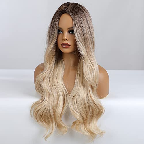 Basha Blonde Brown Wavy Body Wave Full Wig Hair For Women Lady Girl Middle Part 26 Inches Heat Resistant Synthetic Natural Looking Wig Daily Any Time Cosplay Party #TOP1