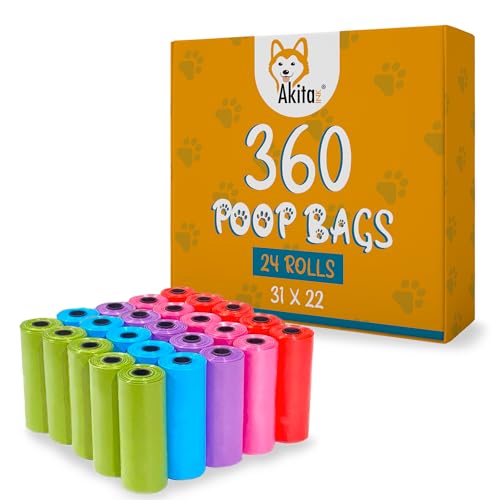 Akitaink 360 pezzi Sacchetti Cane Cacca, 4 Colori, 31 * 22 cm, Materiale in Polietilene, Forti a prova di perdite, Portatili Verde, Viola, Rosa, Rosso (24 Rotoli, 15 per Rotolo, 360 Sacchetti)