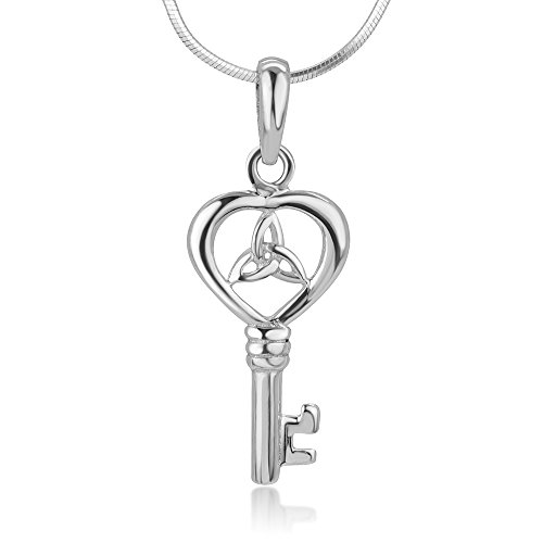Suvani Jewelry 925 Sterling Silver Key to My Heart Love Trinity Triquetra Celtic Knot Pendant Necklace 18