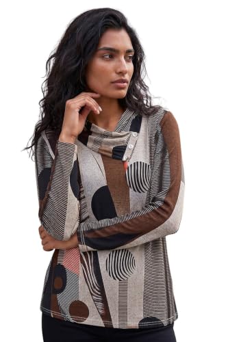 Image of Roman Women's Cowl Neck Long Sleeve Tunic Ladies Lightweight Longline Patterned Top Blouse Snit Autumn Winter Work & Casual Smart Wear Going Out Party Loungewear - Brown Abstract - Size 14