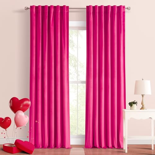 Topfinel 90 Inch Hot Pink Velvet Curtains,Moderate Velvet Fabric Elegant Drapes,Rod Pocket Back Tab Sunlight Blocking Room Darkening Panles for Spring Living Room,2 Panels Burg