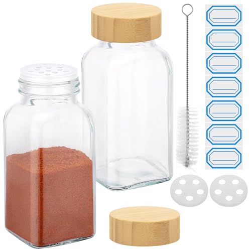 Segarty 6oz Spices Jars with Bamboo Shaker Lids, 2 PCS 180ml Square Spice Containers, Empty Glass Seasoning Organizers for Spices Herbs Storage, Large Salt and Pepper Shakers with 7 Stickers, 1 Brush