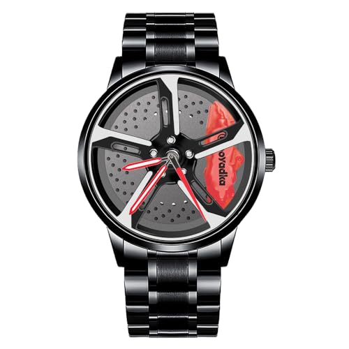 BOYADKA Car Watches for Men, Spinning Car Wheel Watch with Japanese Quartz Movement, Stainless Steel Waterproof Wrist Watch with Car Rim Hub Racing Design for Car Enthusiast