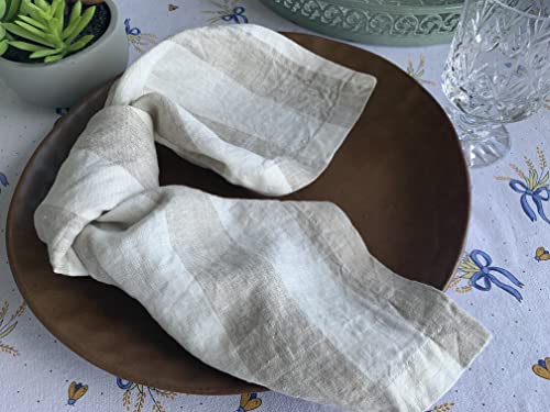 Linen Napkins – 100% French Flax – Stonewashed Pure Linen Cloth Napkins – Mitered Corners – Set Of 4 (Natural Stripe) #TOP4
