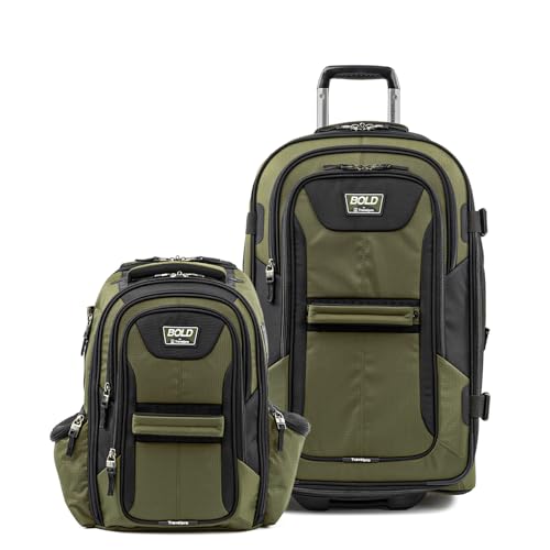 Travelpro Bold Softside Checked Medium Luggage & Backpack Set, Olive/Black