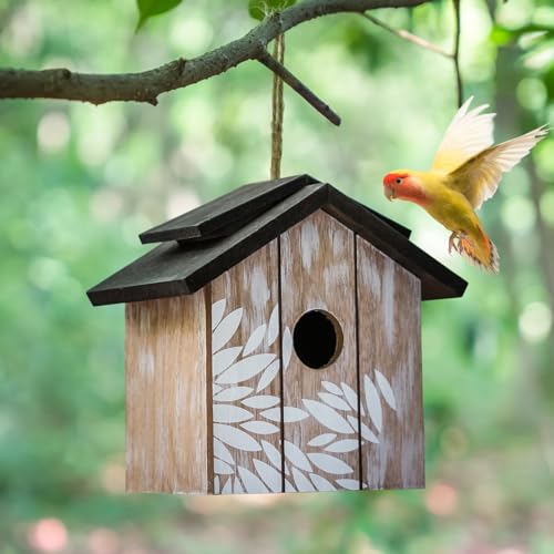 Topadorn Wooden Bird House Hanging Outdoor,Eco Friendly Materials and Decorative with Leaves Printed