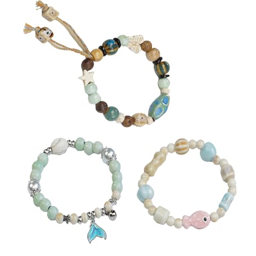 3 Pcs For Ceramic For Beaded Bracelet Vintage for Flower Glazed Bracelet Multicolor Elastic Handmade Simple Ethnic Style Hand Ch