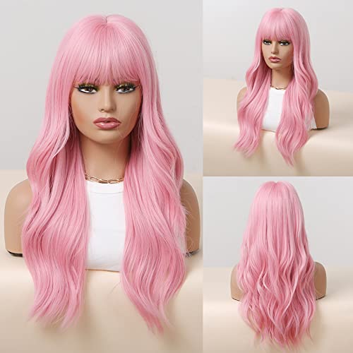 HAIRCUBE Lovely Pink Bob Wigs 24 Inch Wigs for Women Girls Short Curly Synthetic Wig with Bangs