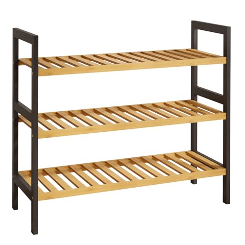 Kitsure Bamboo Shoe Rack – 3-Tier Bamboo Wooden Shoe Rack with Built-in Handle, Easy Assembly Shoe Storage for Entryway, Closet or Bedroom (70 × 65 × 25 cm, Natural/Black)