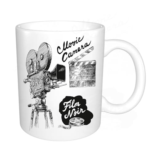 AELKSP Keramik-Kaffeetasse, große Milchkaffeetasse,Teetasse,lustige tassen,mama tasse,papa tasse,kindertasse,Kino, Antike Filmkamera, handgezeichneter Kunstdruck im Film-Noir-Stil, Weißbra,11oz/330ml
