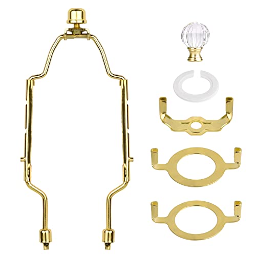 Image of WEAVERBIRD Lamp Shade Harp Bracket 8 9 10 inch Adjustable Lamp Harp Kit with 3 /8 Standard Saddle,E14 E26 E27 Light Base UNO Fitter Adapter Converter Finial Set and Crystal Lamp Finial Knob, Gold