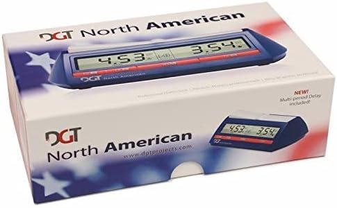 Bawah view of the DGT North American Chess Clock showing the ON/OFF switch and settings list