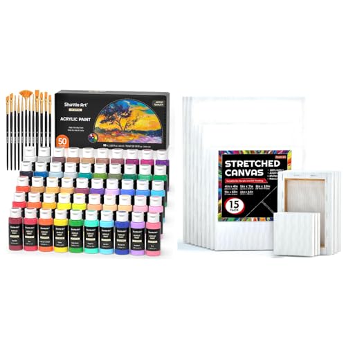 Shuttle Art Stretched Canvas and Acrylic Paint Bundle, Art Painting Supplies Set for 50 Colors Acrylic Paint Bottles (60ml/2oz) & 15 Pack Painting Canvas (5x7”, 8x10”, 9x12”, 11x14”)