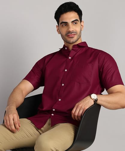 Image of MILDIN Men's Cotton Blend Solid Shirt with Spread Collared Half Sleeve Curved Hemline Button Closure Regular Fit and One Pocket | Half Sleeve Shirt for Men
