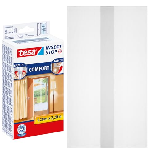 tesa Insect Stop COMFORT Fliegengitter für Türen - Insektenschutz Tür mit Klettband - Fliegen Netz ohne Bohren - (2 x 65 cm)120 cm x 220 cm - Weiß (leichter Sichtschutz)