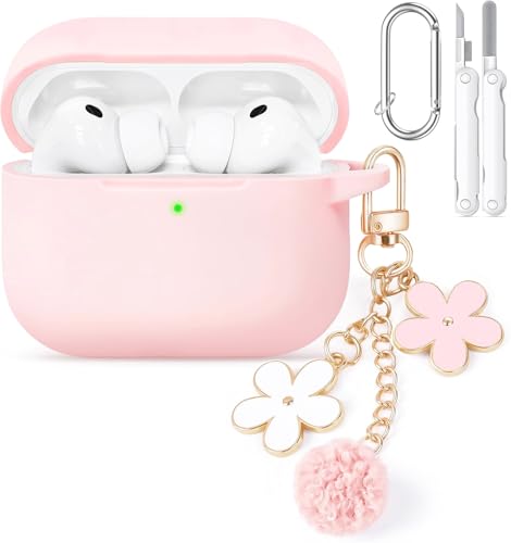 Wowwat for AirPods Pro 3 Case Cover 2025, Soft Pink Silicone Protective Shell Compatible with Apple AirPods Pro 3 Generation Case for Women Girly with Flower Chain,Keychain & Cleaner Kit-Pink