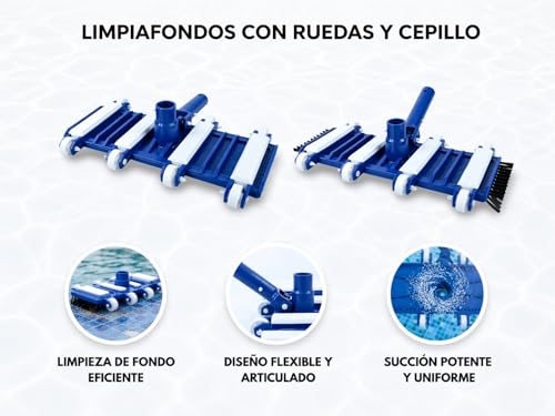 Miniatura 5 de Hersig - Cabezal Limpiafondos Flexible Manual Para Piscina Con Ruedas Y Cepillos Laterales Para Limpieza De Esquinas Y Fondos Curvos Con Conexión Universal