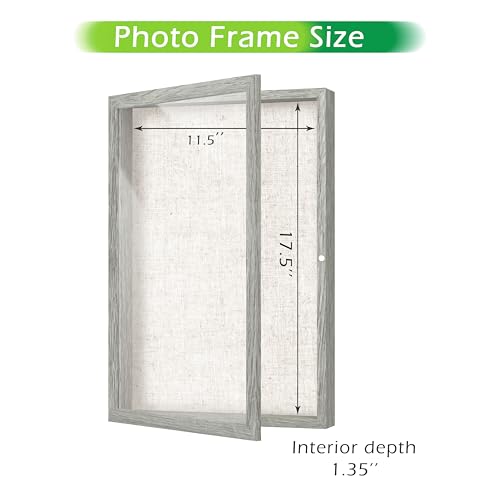 FrameWorks 12x18 Deep Shadow Box Frame, Wooden Display Case w. Linen Board & Tempered Glass Door - Grey Woodgrain - Large - Wall Mounted - Thumbnail 2