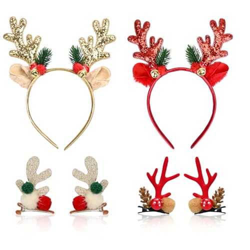 KOOOGEAR Bandeaux de Noël, serre-tête de renne en poils d'elfe mignons, couvre-chef, accessoires de cheveux et barrettes à cheveux pour costume de Noël, carnaval, fasc (doré + rouge)