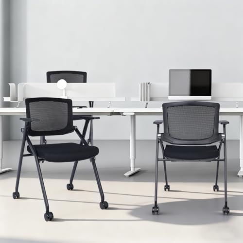 Image of Upgraded Folding Chair with Wheels and Padded, Ergonomic Mesh Back and Arms for Office, Meetings, Conferences, Receptions, Training Rooms & Folding Office Chairs