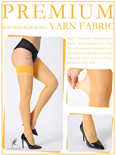 Image of DORALLURE Thigh High Stockings Silicone Lace Top Stay Up Silky Semi Sheer Pantyhose for Women Hold Up Nylon