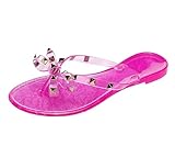 OMGard Womens Sandals Flat Studded Jelly Shoes Crystal Pink Jellies Flip Flops Size 6, Summer Beach Bow Thong with Rivets Strappy Transparent Slides Slip On