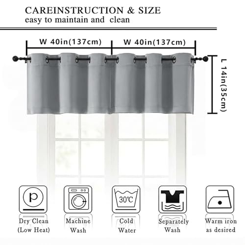 Image of Simplebrand Silver Grey Window Valance for Kitchen 14 Inches Long 2 Panels Set, Room Darkening Valance Curtains for Living Room, Grommet Short Privacy Kitchen Curtains for Bedroom Kids Room, 40Wx14L