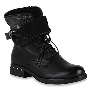 stiefelparadies Leicht Gefütterte Damen Schuhe Schnürstiefeletten Nieten Stiefeletten 147548 Schwarz Berkley Nieten 36 Flandell