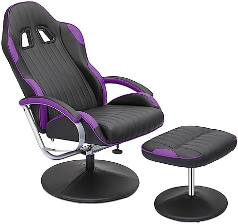 MoNiBloom High Back Video Gaming Recliner with Ottoman, PU Leather Racing Style Swivel Recliner, Adjustable Backrest for Gaming and Home Office, Purple and Black