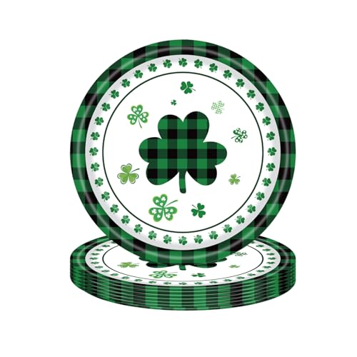 Furimuk St. Patrick's Day Paper Plates Green Plaid Shamrock Round Disposable Plates Irish Day Lucky Clover Table Decor Party Supplies Decorative Dinner Tableware 7" Serve 16