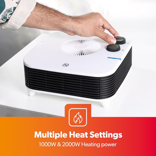 GEEPAS Portable Fan Heater | 3 Air Settings Cool Warm Hot | Lightweight Flatbed Heater Adjustable Thermostat 2 Heat Settings 1000-2000 | Low Noise Overheat Protection Compact Design | 2 Year Warranty