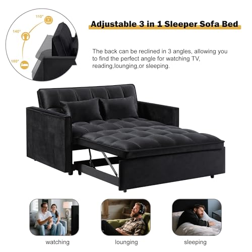 Trygoal Convertible Sofa Bed, Pull Out Sofa Bed with Adjustable Backrest, 3 in 1 Velvet Fabric Loveseat Sleeper Sofa Bed Couch with Side Pockets for Living Room, Bedroom, Apartment, Black