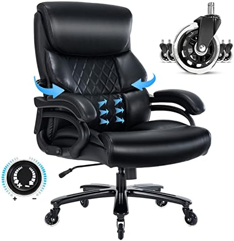 HESL Big and Tall Office Chair with Adjustable Lumbar Support Heavy Duty Office Chair 400 lb Capacity Executive Office Chair for Heavy People with Quiet Rubber Wheels Ergonomic Office Chair