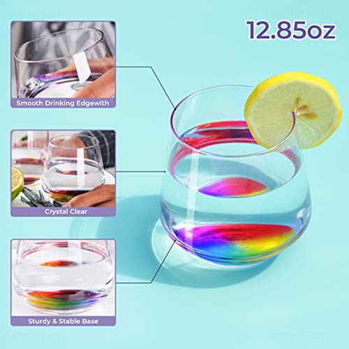 Nihome Stemless Wine Glass, Rainbow Colored Wine Glasses Set Of 6, Wine Tumbler Glasses For Outdoor, 12Oz Crystal Wine Glasses, Clear Stemless Glasses, Elegant Anniversary Rainbow Glasses #TOP2